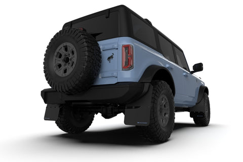 Rally Armor 21-25 Ford Bronco (Plstc Bmpr - NO Rptr/Sprt - NO RR/RB) Blk Mud Flap w/Area Blue Logo - MF85-NO-PL-ABL