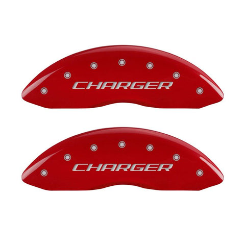MGP 4 Caliper Covers Engraved Front & Rear Block/Charger Red finish silver ch - 12005SCHBRD
