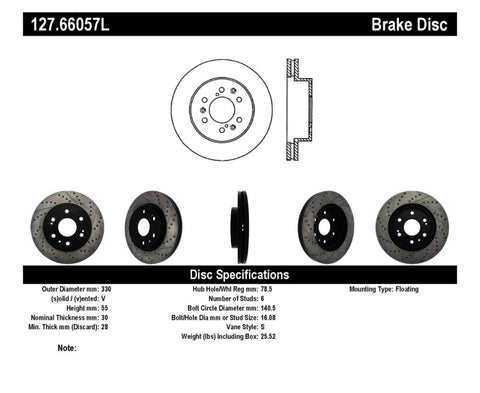 StopTech 05-10 GMC Sierra 1500 (w Rear Drum) / 07-09 GMC Yukon Front Left Slotted & Drilled Rotor - 127.66057L
