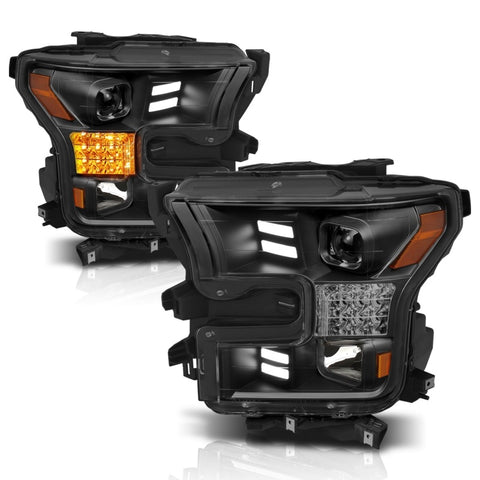 ANZO 15-17 Ford F-150 Project Headlights w/ Plank Style Design Black w/ Amber Sequential Turn Signal - 111408