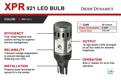 Diode Dynamics 921 XPR LED Bulb - Red (Pair) - DD0395P
