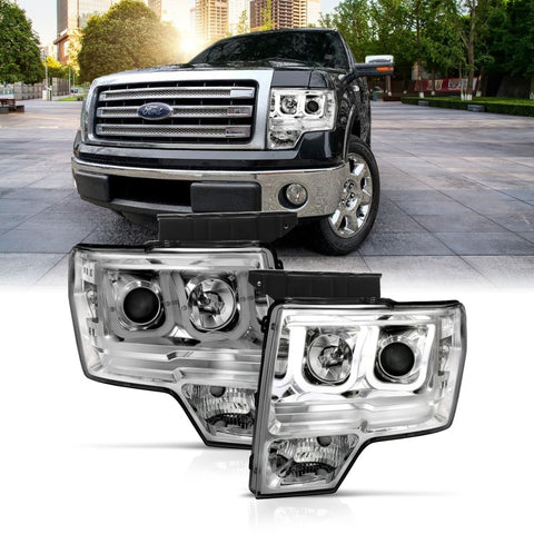ANZO 2009-2014 Ford F-150 Projector Headlights w/ U-Bar Chrome Amber (HID TYPE) (WITHOUT HID KIT) - 111352