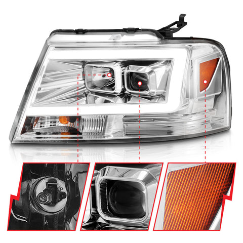 ANZO 2004-2008 Ford  F-150 Projector Headlights w/ Light Bar Chrome Housing - 111542