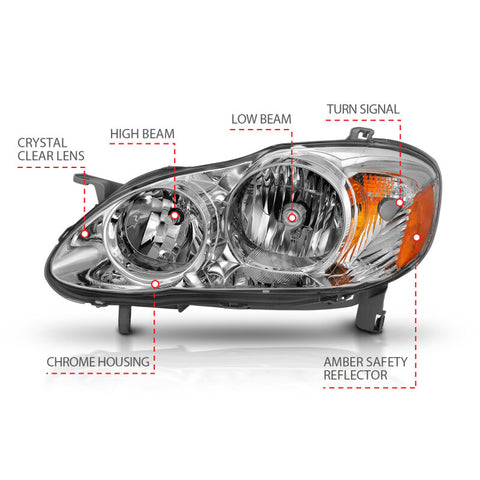 ANZO 2005-2008 Toyota Corolla Crystal Headlight Chrome Amber - 121540