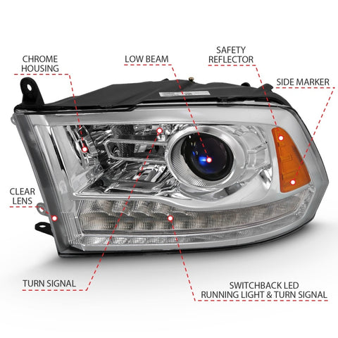 ANZO 2009-2018 Dodge Ram 1500 Projector Plank Style Switchback H.L Halo Chrome Amber (OE Style) - 111440