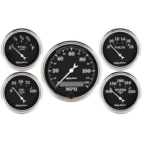 AutoMeter Gauge Kit 5 Pc. 3-1/8in. & 2-1/16in. Elec. Speedometer Old Tyme Black - 1709