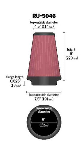 K&N Universal Clamp-On Air Filter 6in FLG / 7-1/2in B / 4-1/2in T / 9in H - RU-5046