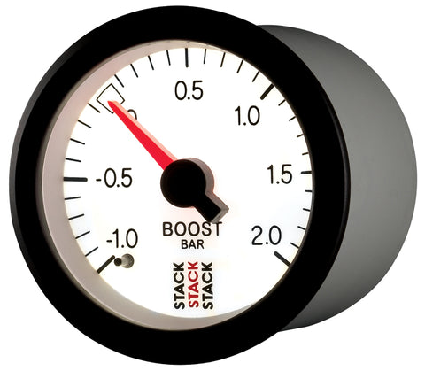 Autometer Stack 52mm -1 to +2 Bar T-Fitting 0.187in Barb (M) Mechanical Boost Pressure Gauge - White - ST3161