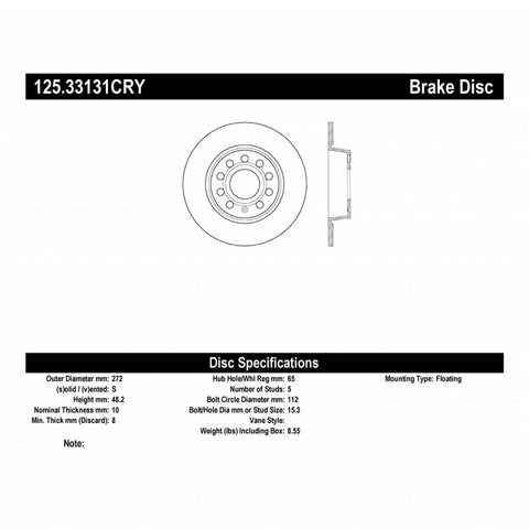 Stoptech 10-13 VW Golf/GTI/Jetta w/ 272mm Rear Disc Rear Premium High Carbon Cryo Brake Rotor - 125.33131CRY