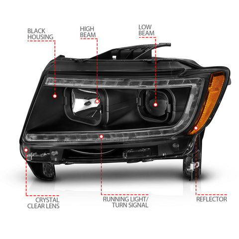 ANZO 11-13 Jeep Grand Cherokee (Factory Halogen Only) Projector Headlights w/Light Bar Swtchbk Black - 111568
