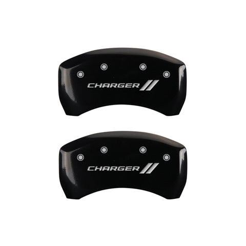 MGP 4 Caliper Covers Engraved Front & Rear With stripes/Charger Black finish silver ch - 12181SCH1BK