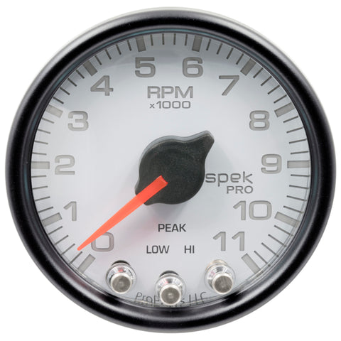Autometer Spek-Pro Gauge Tach 2 1/16in 11K Rpm W/ Shift Light & Peak Mem Wht/Blk - P33612