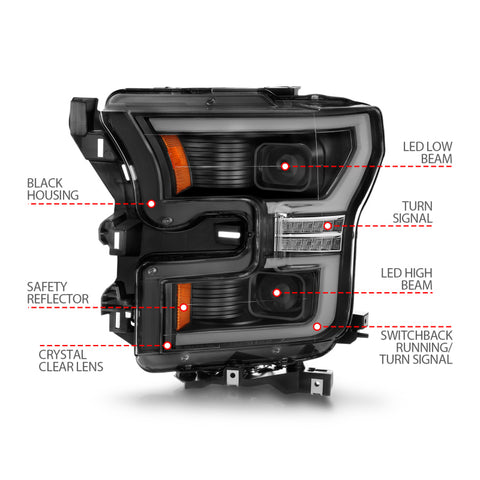 ANZO 15-17 Ford F-150 LED Projector Headlights - w/ Light Bar Switchback Black Housing - 111547