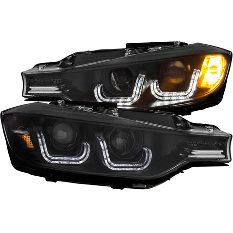 ANZO 2012-2015 BMW 3 Series Projector Headlights w/ U-Bar Black (HID Compatible) - 121506