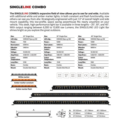 Go Rhino Xplor Blackout Combo Series Sgl Row LED Light Bar w/Amber (Side/Track Mount) 20.5in. - Blk - 751052012CSS