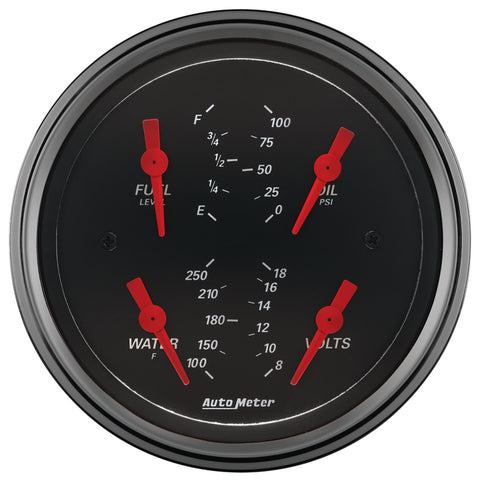 Autometer Designer Black 3.375in Quad Gauge - Fuel Level / Oil Pressure / Water Temp. / Voltmeter - 1414