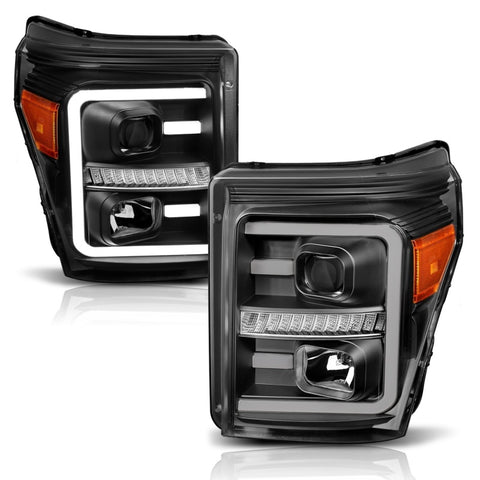 ANZO 2011-2016 Ford F250 Projector Headlights w/ Plank Style Switchback Black w/ Amber - 111406