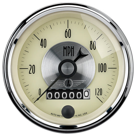 AutoMeter Gauge Speedo 3-3/8in. 120MPH Elec. Program W/Wheel Odo Prestige Antique. Ivory - 2089