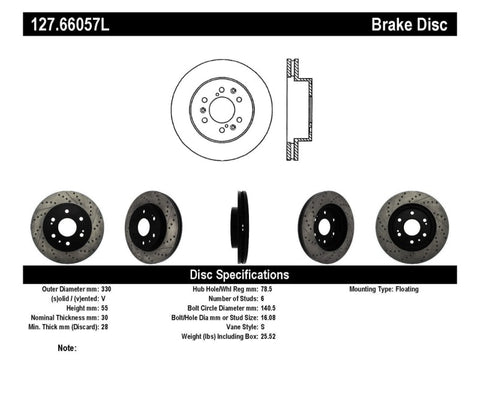 StopTech 05-10 GMC Sierra 1500 (w Rear Drum) / 07-09 GMC Yukon Front Left Slotted & Drilled Rotor - 127.66057L