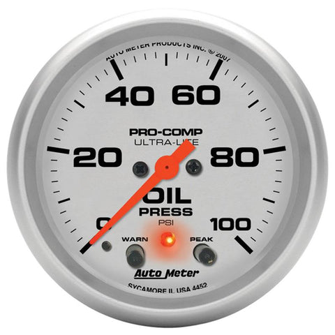 Autometer Ultra-Lite 66.7mm Oil Press 2 5/8in 100PSI Digital Stepper Motor w/ Peak & Warning Light - 4452