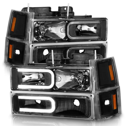 ANZO 88-98 Chevrolet C1500 Crystal Headlights w/ Light Bar Black Housing w/ Signal Side Markers 8Pcs - 111528