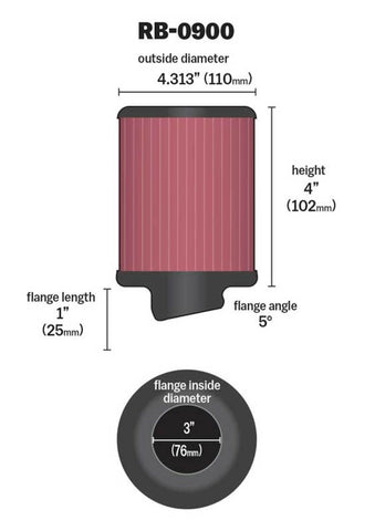 K&N Universal Rubber Filter 3 inch 5 Degree FLG 4 1/2 inch OD 4 inch Height - RB-0900