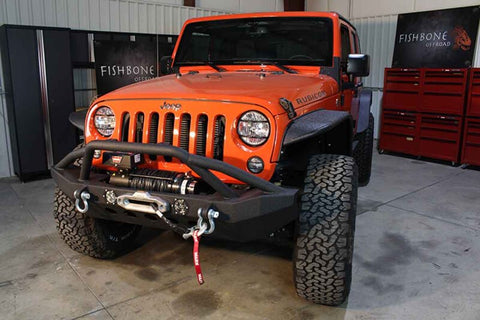 Fishbone Offroad 07-18 Jeep Wrangler Front Winch Bumper W/LEDs Full Width - Blk Textured Powdercoat - FB22003