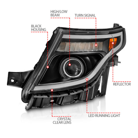 ANZO 11-15 Ford Explorer (w/Factory Halogen HL Only) Projector Headlights w/Light Bar Black Housing - 111575