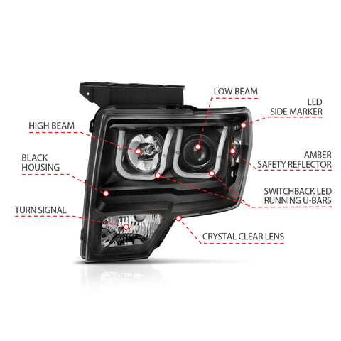 ANZO 2009-2014 Ford F-150 Projector Headlights w/ U-Bar Switchback Black w/ Amber - 111383
