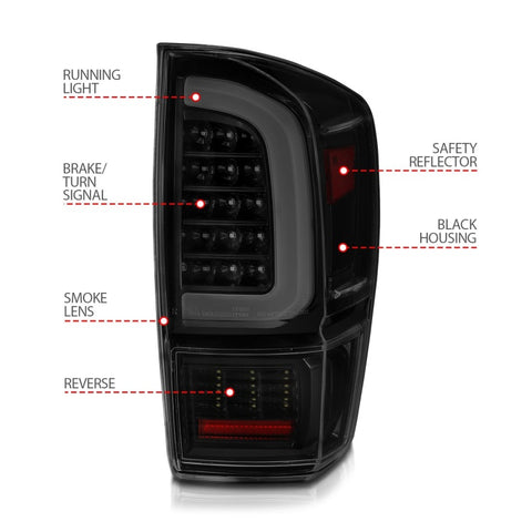 ANZO 16-21 Toyota Tacoma LED Tail Lights - w/ Light Bar Sequential Black Housing & Smoke Lens - 311401