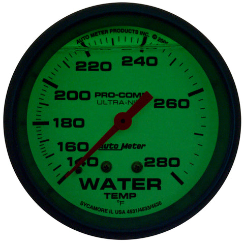Autometer Ultra-Nite 2-5/8in 140-280 Degree Liquid Filled Mechanical Glow In Dark Water Temp Gauge - 4231