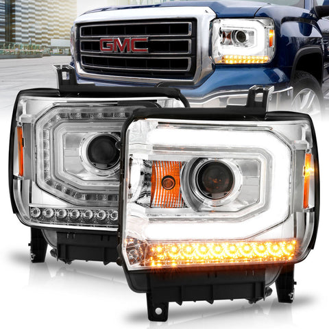 ANZO 2014-2015 GMC Sierra 1500 Projector Headlights w/ Light Bar Chrome Housing (Halogen Type) - 111514