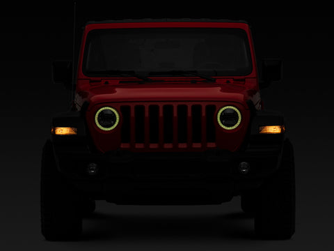 Raxiom 18-22 Jeep Wrangler JL/JT Axial 9-Inch LED Headlights w/RGB Halo- Blk Housing (Clear Lens) - J142668