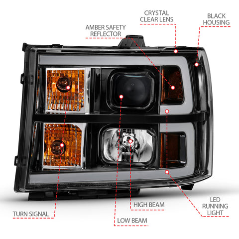 ANZO 2007-2013 GMC Sierra 1500 Projector Headlight Plank Style Black w/ Clear Lens Amber - 111482