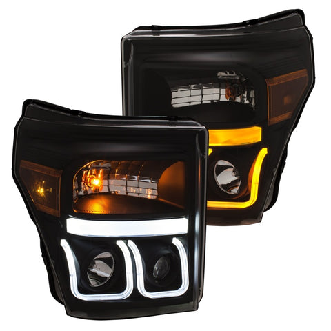 ANZO 11-16 Ford F-150 Super Duty Projector Headlights w/ U-Bar Switchback Black w/ Amber - 111386