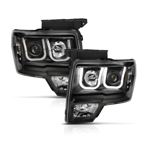 ANZO 2009-2014 Ford F-150 Projector Headlights w/ U-Bar Switchback Black w/ Amber - 111383