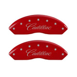 MGP 4 Caliper Covers Engraved Front & Rear Cursive/Cadillac Red Finish Silver Characters - 35025SCADRD