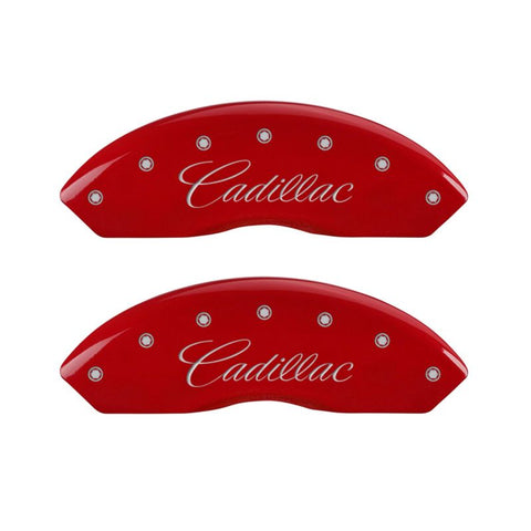 MGP 4 Caliper Covers Engraved Front & Rear Cursive/Cadillac Red Finish Silver Characters - 35025SCADRD