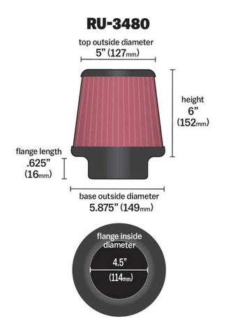 K&N Universal Rubber Filter 4 1/2 inch FLG / 5 7/8 inch Base / 5 inch Top / 6 inch Height - RU-3480