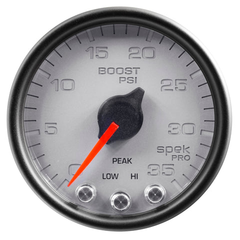 AutoMeter Gauge Boost 2-1/16in. 35PSI Stepper Motor W/Peak & Warn Silver/Blk Spek-Pro - P30322