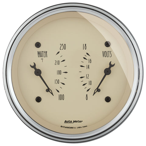 AutoMeter Gauge Dual Wtmp & Volt 3-3/8in. 250 Deg. F & 18V Elec Antique Beige - 1830