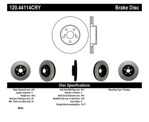 Stoptech 01-05 Toyota Celica GT & GT-S/05-09 Scion tC Front CRYO-STOP Rotor - 120.44114CRY