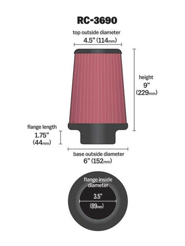 K&N Universal Chrome Filter 3 1/2 inch ID FLG / 6 inch Bottom / 4 1/2 inch CR / 9 inch Length - RC-3690