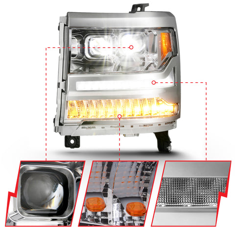 ANZO 16-18 Chevrolet Silverado 1500 LED Projector Headlights w/Plank Style Switchback Chrome w/Amber - 111421