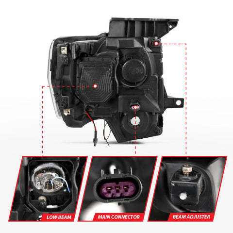 ANZO 2009-2014 Ford F-150 Projector Headlights w/ U-Bar Switchback Black w/ Amber - 111383