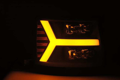 AlphaRex 07-13 Chevy 1500HD NOVA LED Proj Headlights Plank Style Matte Blk w/Activ Light/Seq Signal - 880209