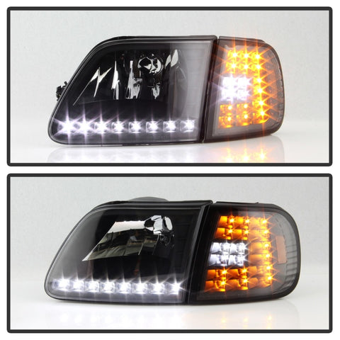 xTune Ford F150 97-03 Crystal Headlights w/ Clear LED Corners Black HD-ON-FF15097-LED-SET-BK - 5014184