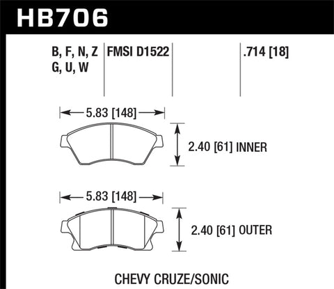 Hawk 11-12 Chevy Cruze Eco/LS/1LT/2LT/LTZ / 12 Sonic LS/LT/LTZ DTC-70 Front Race Brake Pads - HB706U.714