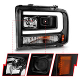 ANZO 99-04 Ford F250/F350/F450/Excursion (excl 99) Projector Headlights - w/ Light Bar Black Housing - 111551