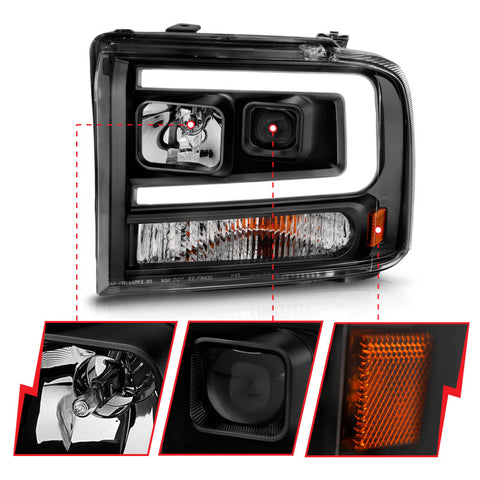 ANZO 99-04 Ford F250/F350/F450/Excursion (excl 99) Projector Headlights - w/ Light Bar Black Housing - 111551